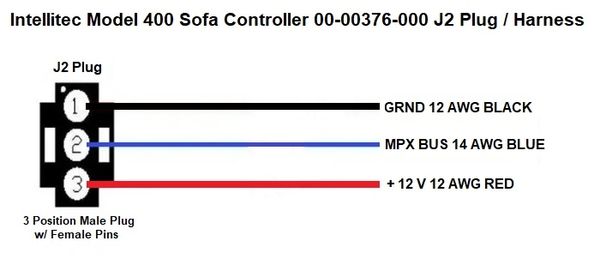 Intellitec Sofa Controller, Model 400, 00-00376-000 J2 Plug / Harness