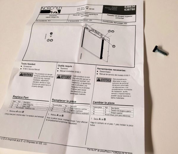 Norcold Refrigerator Hinge Pin 638780