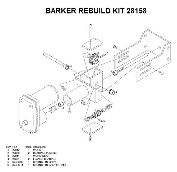 The exploded diagram of the worm gear box assembly. The parts are