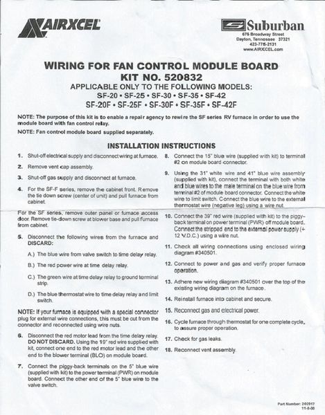 Suburban 520832 Furnace Control Module Board Wiring Kit