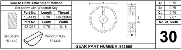 Power Gear Slide Out Gear Spur Assembly, 30 Teeth, 521668