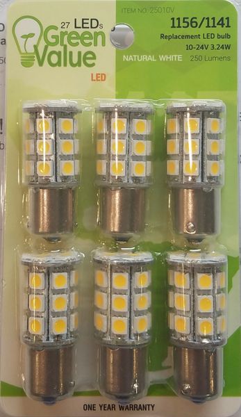 1156 / 1141 LED Bulbs, 27 LED's, 250 Lumens, Natural White, 6 Pack, 25010V
