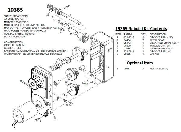 Barker Slide Out Power Head Drive Assembly 19365 Rebuild Kit