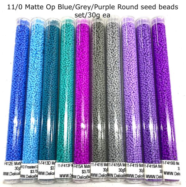 11/0 Matte Op Round Seed Beads set Blue, Grey, Purples