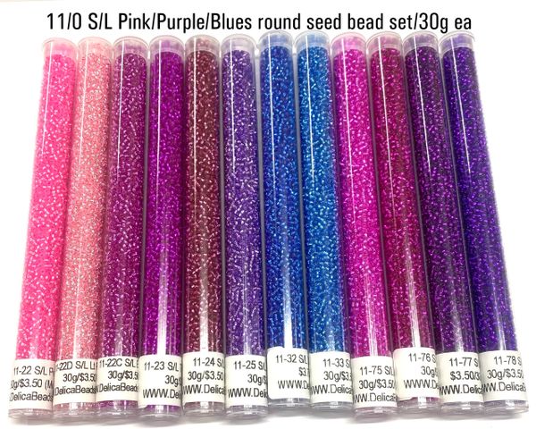 11/0 S/L Pink, Purple n Blues round seed beads set