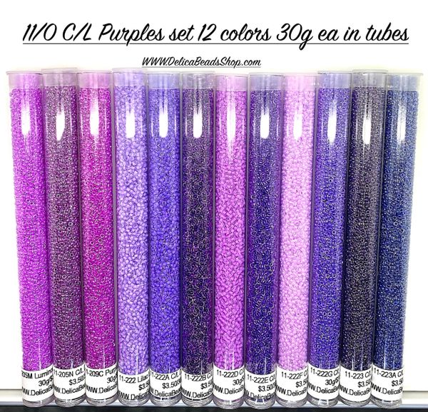 11/0 C/L Purples round seed bead set 12 colors
