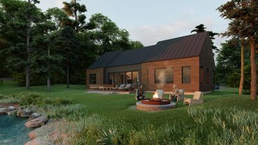 Modern Cabin. Fire pit. Lakehouse. Contemporary Cabin. 