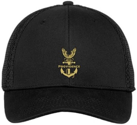 Trucker hat with black front, black mesh back, Providence NJROTC logo