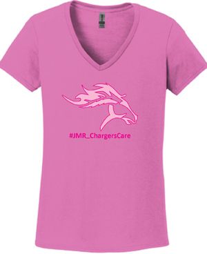 Jay M. Robinson Chargers Care Cancer support shirts (Ladies V neck style)