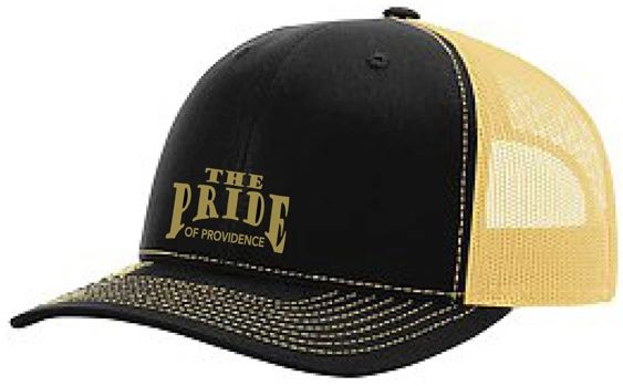 J. Trucker hat with black front, vegas gold mesh back, PHS Band logo