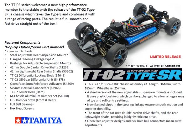 Tamiya 47439 1/10 Scale RC 4WD On-Road Car TT-02 Type SR Chassis Kit TT02SR