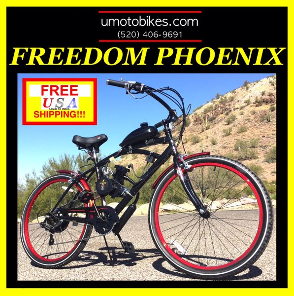 DO-IT-YOURSELF U-MOTO 2-STROKE FREEDOM PHOENIX (TM) 7 SPEED CRUISER MOTORIZED BICYCLE SYSTEM