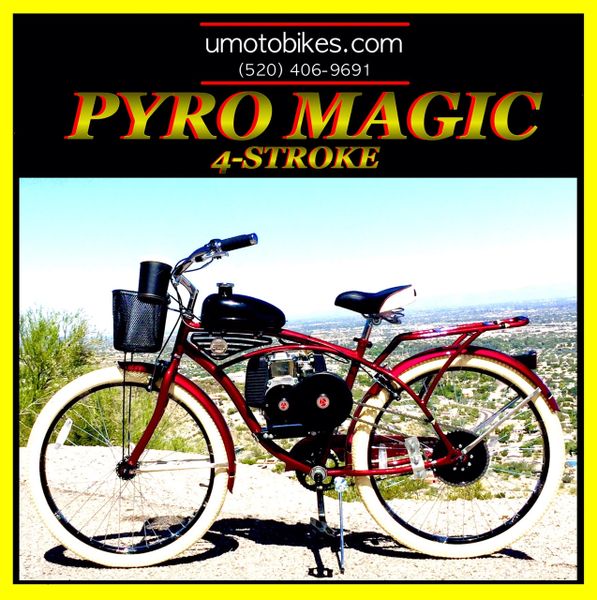 DO-IT-YOURSELF U-MOTO 4-STROKE PYRO MAGIC (TM) CRUISER MOTORIZED BICYCLE SYSTEM WITH BELT-DRIVE TRANSMISSION