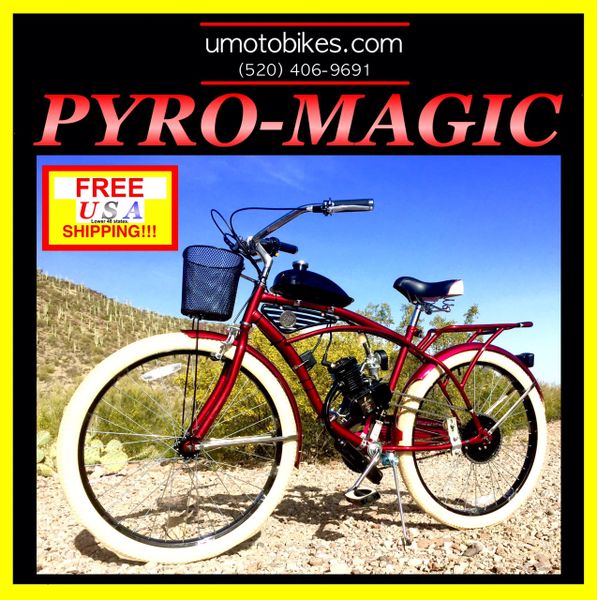 DO-IT-YOURSELF U-MOTO 2-STROKE PYRO MAGIC (TM) DELUXE CRUISER MOTORIZED BICYCLE SYSTEM