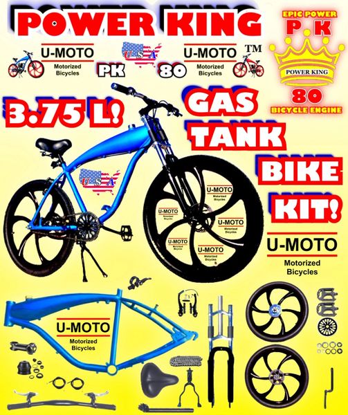 U-MOTO 26" POWER KING TM COMPLETE BLUE 3.75 L GAS TANK CRUISER BICYCLE KIT WITH 26" MAG WHEELS FOR 2-STROKE 48CC 66CC 80CC BICYCLE MOTOR KITS