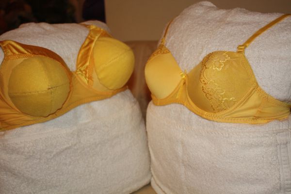 BEV'S YELLOW BRA -on the left- is larger and stronger than the smaller other company's bra as shown in the picture. Look and see our lift and hold them quality.