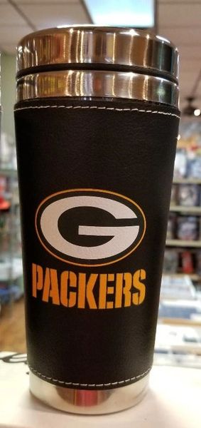 Green Bay Packers 16 Oz Stainless Steel Leather Wrapped Travel Cup Mug Scooter G Sports Llc