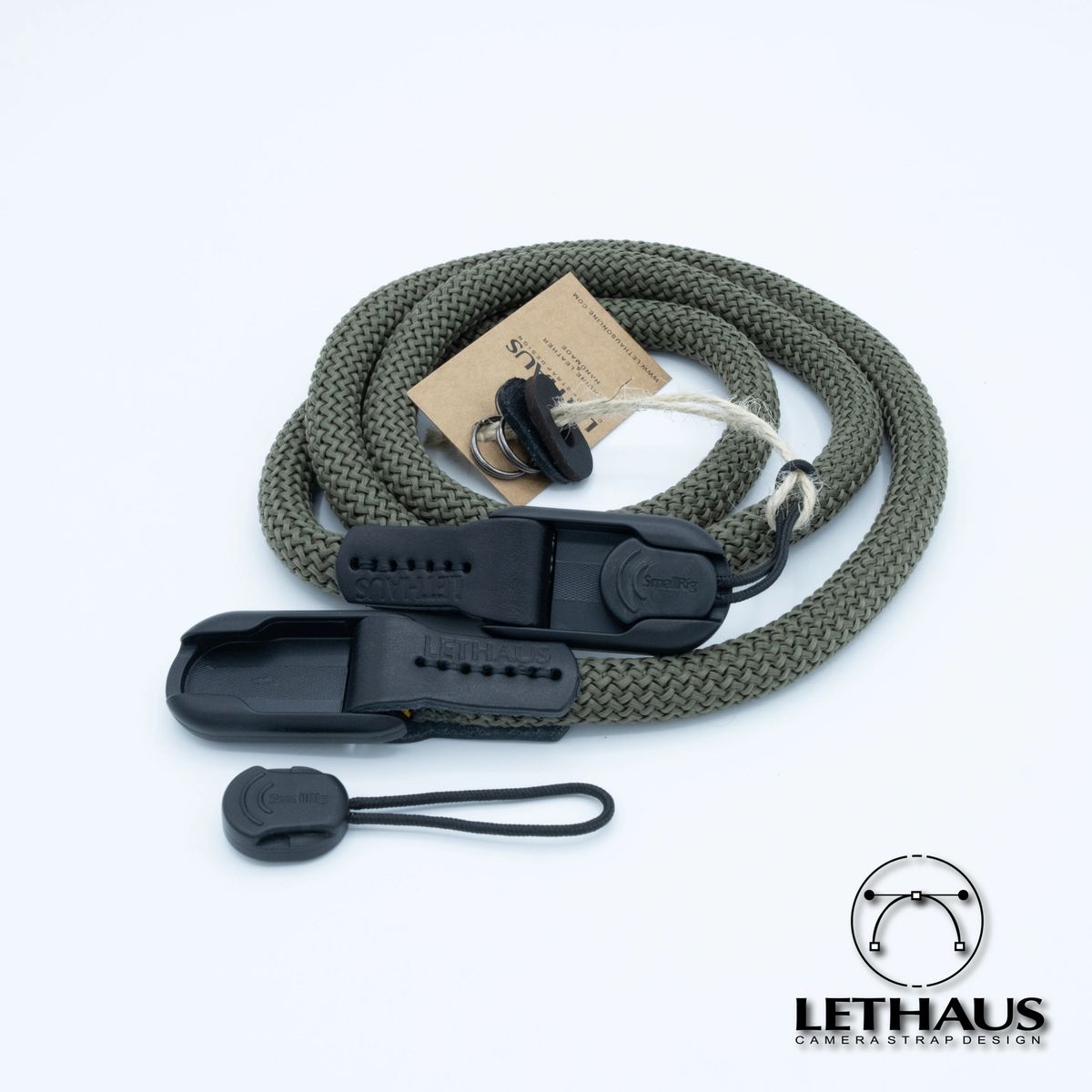 green leather camera strap