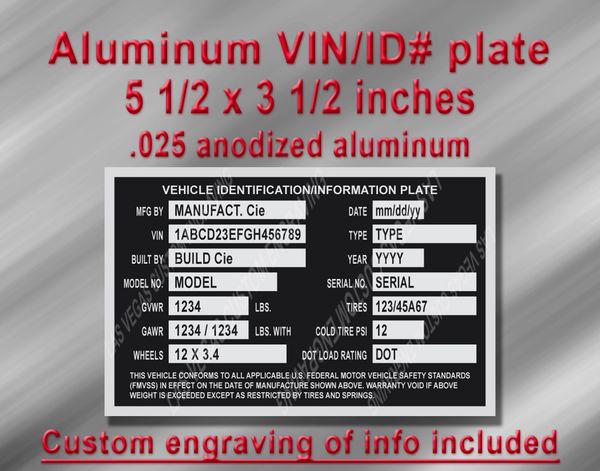 TRAILER ID DATA PLATE VIN SERIAL NUMBER TAG 5 1/2" x 3 1/2" .040" Aluminum USA 