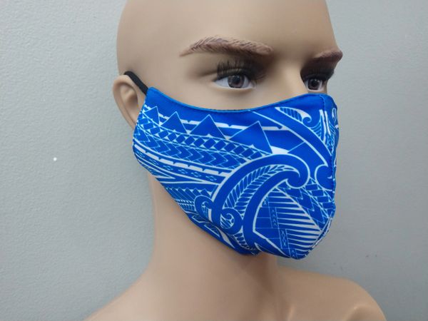 Mask: Extended Size Polynesian Tribal Tattoo Mask (Blue, Whiteprint)