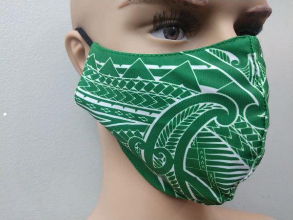 Mask: Extended Size Polynesian Tribal Tattoo Mask (Green, White Print)