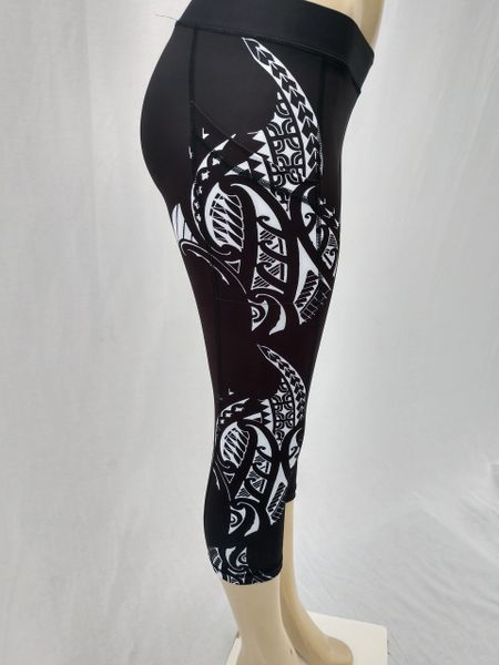 Unisex-Leggings: Black with White Polynesian tribal tattoo designs