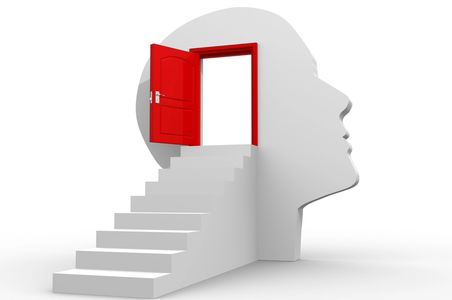 Staircase leading to an open red door inside a human head silhouette.