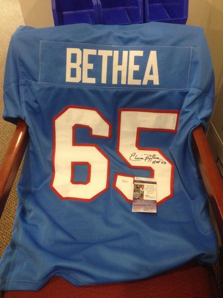 #65 ELVIN BETHEA Houston Oilers NFL DE Blue Throwback Jersey AUTOGRAPHED