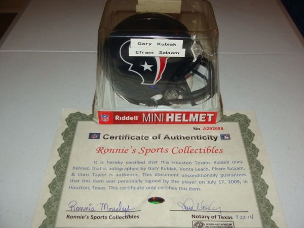 HOUSTON TEXANS NFL Team Blue Mini Helmet AUTOGRAPHED by Coach & 3 Players