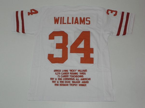 #34 RICKY WILLIAMS Texas Longhorns NCAA RB White Stats Throwback Jersey