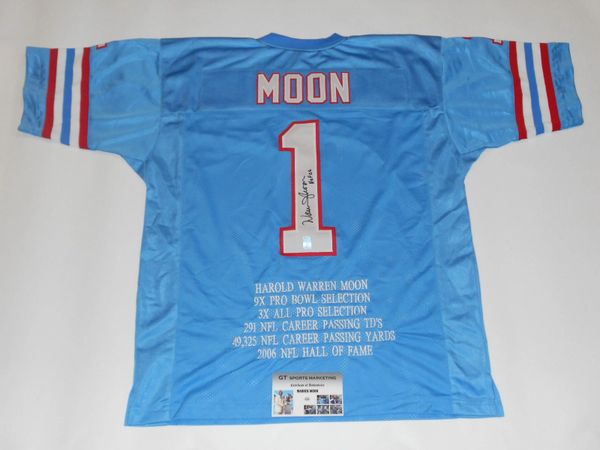 1 WARREN MOON Houston Oilers NFL QB Blue Stats Throwback Jersey AUTOGRAPHED