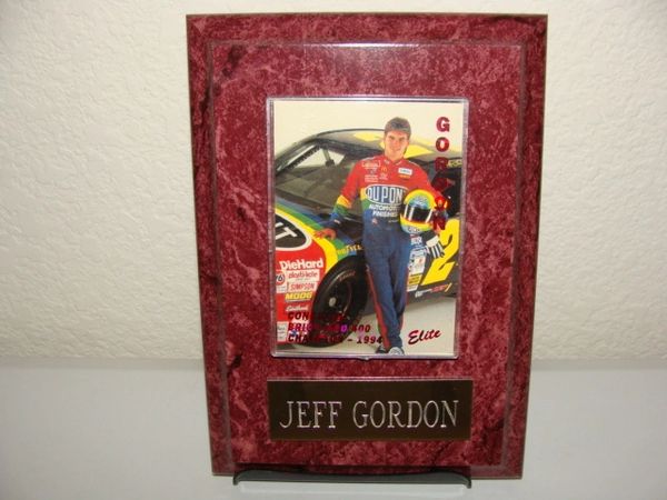 1994 #24 Dupont Jeff Gordon Brickyard 400 Champion Card on Wooden Plaque
