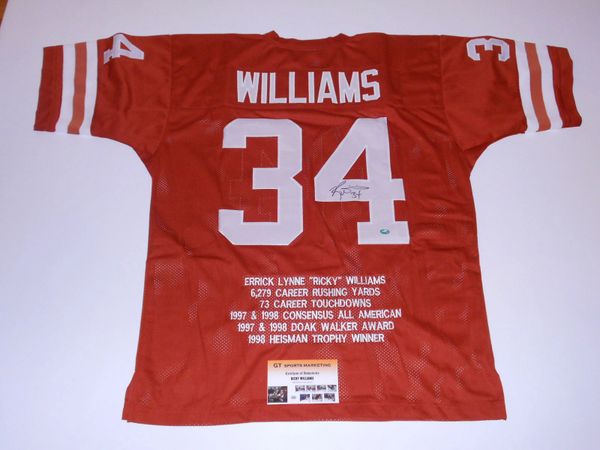 #34 RICKY WILLIAMS Texas Longhorns NCAA RB Orange Stats Throwback Jersey AUTOGRAPHED