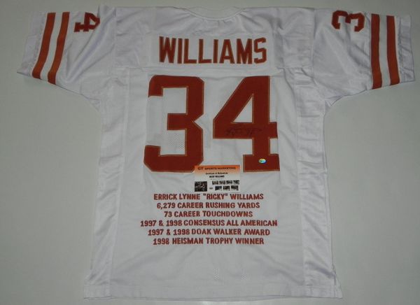 #34 RICKY WILLIAMS Texas Longhorns NCAA RB White Stats Throwback Jersey AUTOGRAPHED