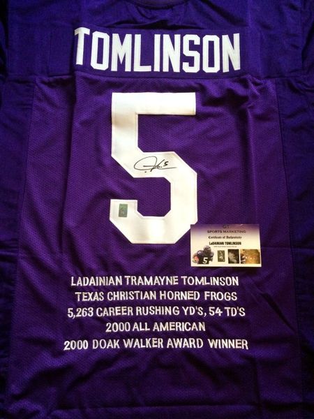 #5 LaDAINIAN TOMLINSON TCU Horned Frogs NCAA RB Purple Stats Throwback Jersey AUTOGRAPHED