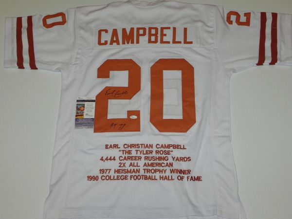 #20 EARL CAMPBELL Texas Longhorns NCAA RB White Stats Throwback Jersey AUTOGRAPHED