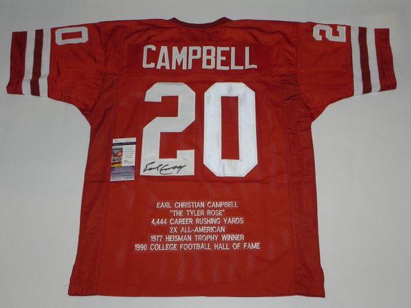 #20 EARL CAMPBELL Texas Longhorns NCAA RB Orange Stats Throwback Jersey AUTOGRAPHED