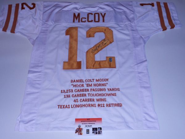 #12 COLT McCOY Texas Longhorns NCAA QB White Stats Throwback Jersey AUTOGRAPHED