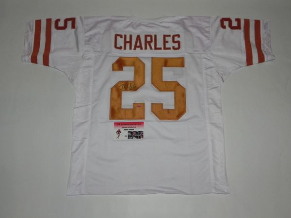 #25 JAMAAL CHARLES Texas Longhorns NCAA RB White Throwback Jersey AUTOGRAPHED