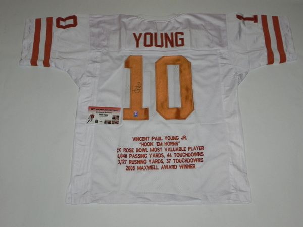 #10 VINCE YOUNG Texas Longhorns NCAA QB White Stats Throwback Jersey AUTOGRAPHED