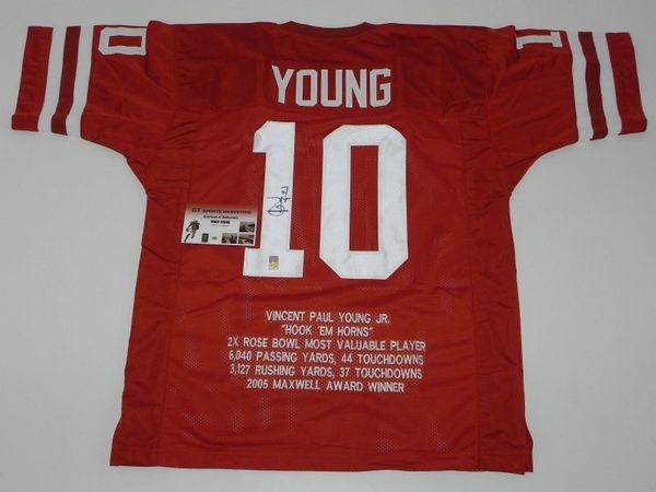 #10 VINCE YOUNG Texas Longhorns NCAA QB Orange Stats Throwback Jersey AUTOGRAPHED