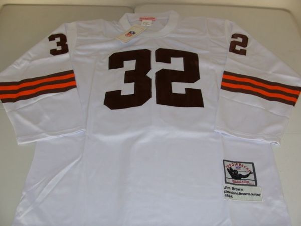 32 JIM BROWN Cleveland Browns NFL RB White L/S Mint Throwback Jersey