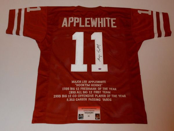 #11 MAJOR APPLEWHITE Texas Longhorns NCAA QB Orange Stats Throwback Jersey AUTOGRAPHED