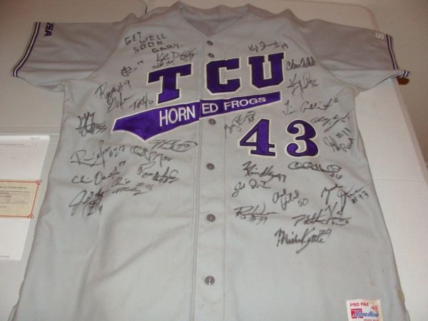 #43 TCU Horned Frogs NCAA Baseball 2003 Grey Game Worn Jersey Team AUTOGRAPHED