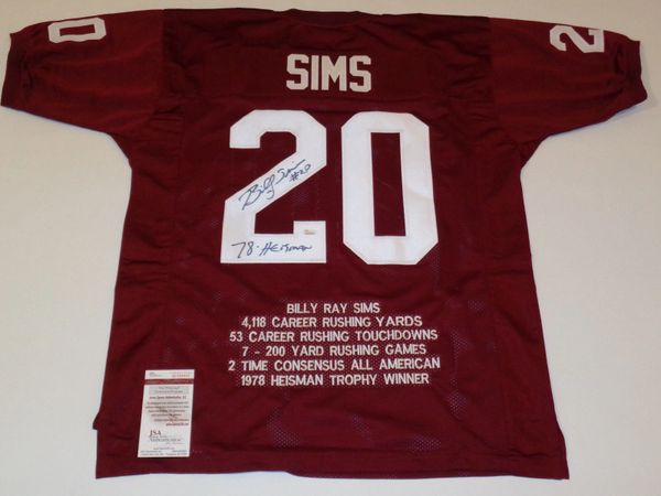 #20 BILLY SIMS Oklahoma Sooners NCAA RB Red Stats Throwback Jersey AUTOGRAPHED