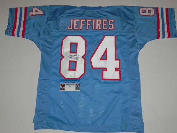 84 HAYWOOD JEFFIRES Houston Oilers NFL WR Blue Throwback Jersey AUTOGRAPHED