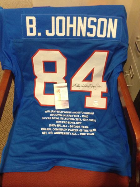 #84 BILLY JOHNSON Houston Oilers NFL WR/RS Blue Stats Throwback Jersey AUTOGRAPHED