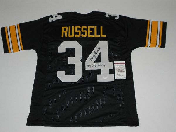 #34 ANDY RUSSELL Pittsburgh Steelers NFL LB Black Throwback Jersey AUTOGRAPHED