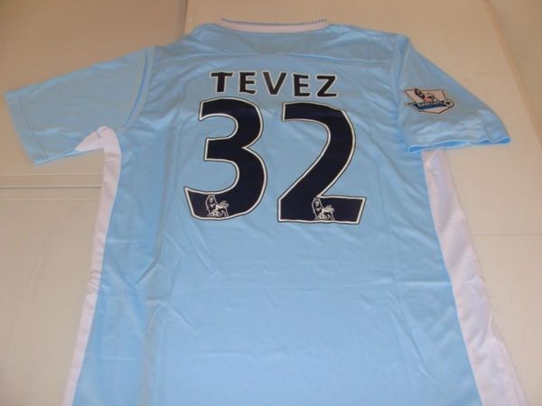 #32 CARLOS TEVEZ Manchester City FC EPL Forward Lt Blue Mint Throwback Uniform Kit