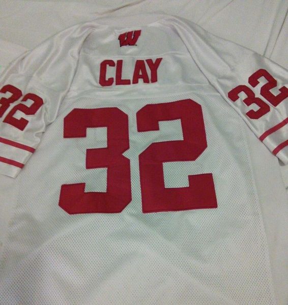 #32 JOHN CLAY Wisconsin Badgers NCAA RB White Throwback Jersey